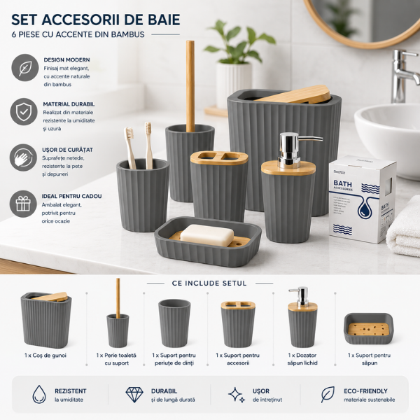 Set Accesorii Baie Bathlux, 6 Piese, Design Modern cu Bambus