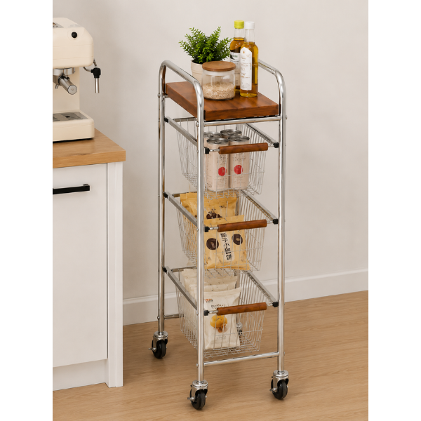 Raft pentru spatii mici cu 3 Etaje, Roti, Metal & Lemn – Organizator Smart, 20 x 39 x 72 cm - Premium