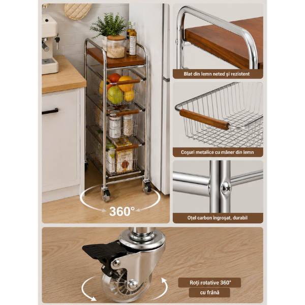 Raft pentru spatii mici cu 3 Etaje, Roti, Metal & Lemn – Organizator Smart, 20 x 39 x 72 cm - Premium