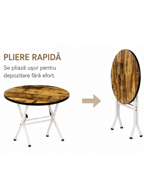 Masa Pliabila Rotunda, Blat Design Vintage, Picioare Metalice Albe
