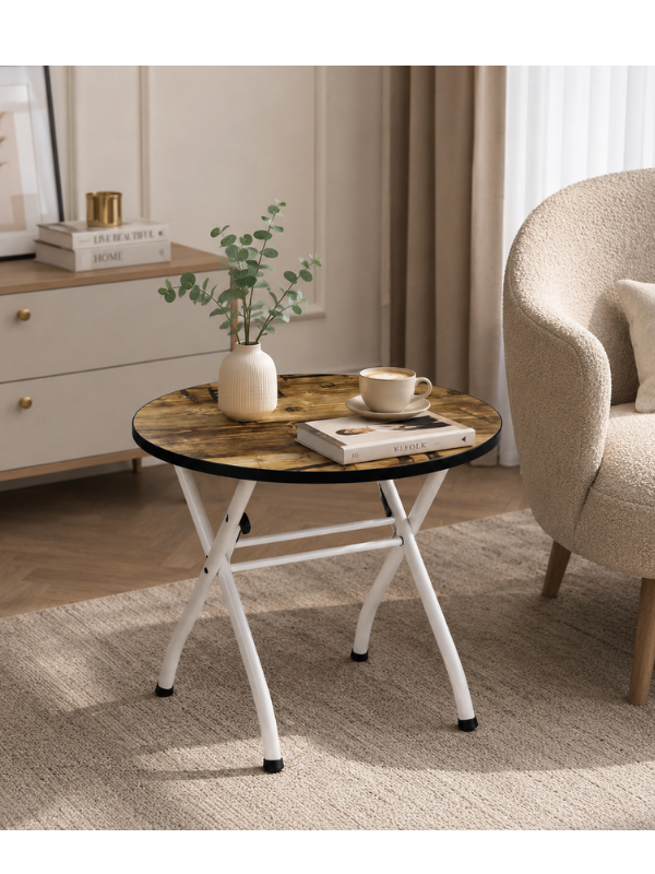 Masa Pliabila Rotunda, Blat Design Vintage, Picioare Metalice Albe