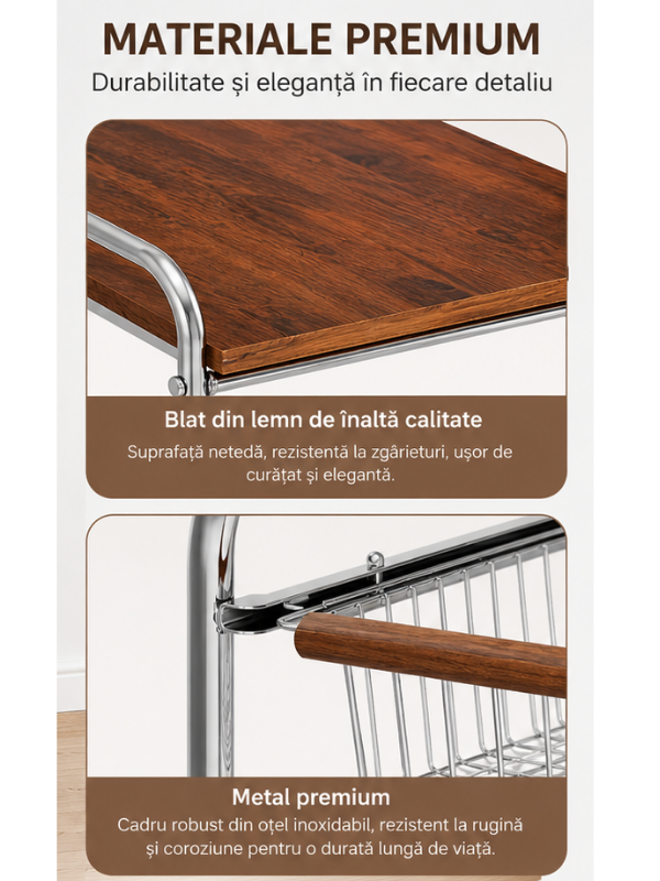 Raft Depozitare 3 Etaje cu Roti, Metal & Lemn, 39.5x28x70 cm - Premium