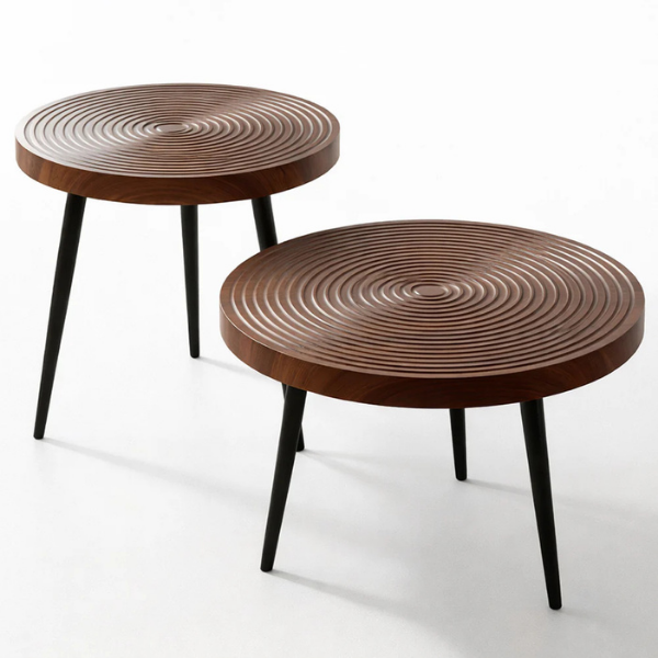 Set de 2 masute de cafea rotunde din lemn de Nuc, design industrial, 38 x 60 cm - 38 x 50 cm