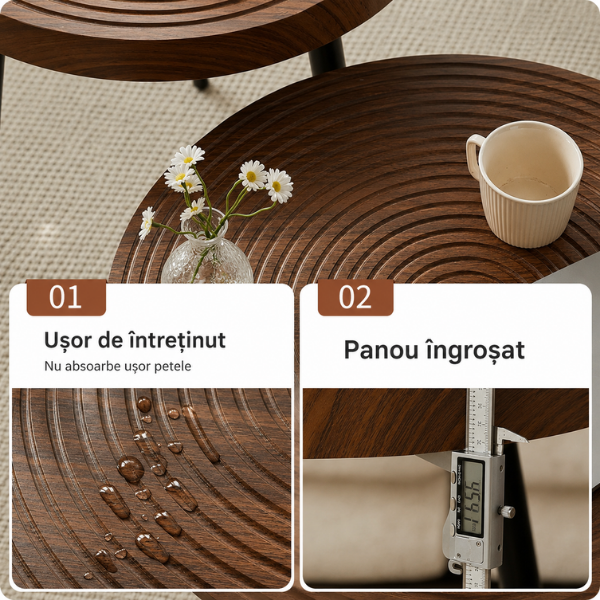 Set de 2 masute de cafea rotunde din lemn de Nuc, design industrial, 38 x 60 cm - 38 x 50 cm