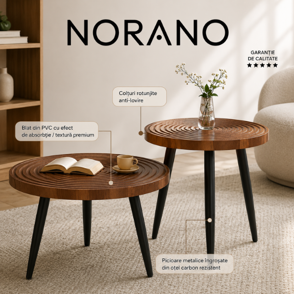 Set de 2 masute de cafea rotunde din lemn de Nuc, design industrial, 38 x 60 cm - 38 x 50 cm