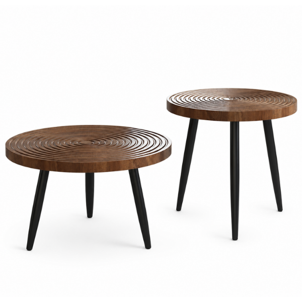 Set de 2 masute de cafea rotunde din lemn de Nuc, design industrial, 38 x 60 cm - 38 x 50 cm