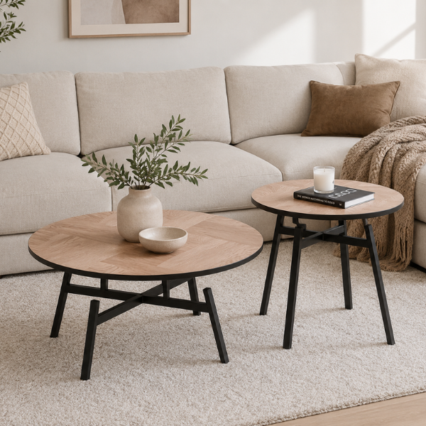 Set 2 Mese de cafea rotunde din MDF cu baza metalica, 80x80x45 cm/ 50x50x53.5 cm - Premium