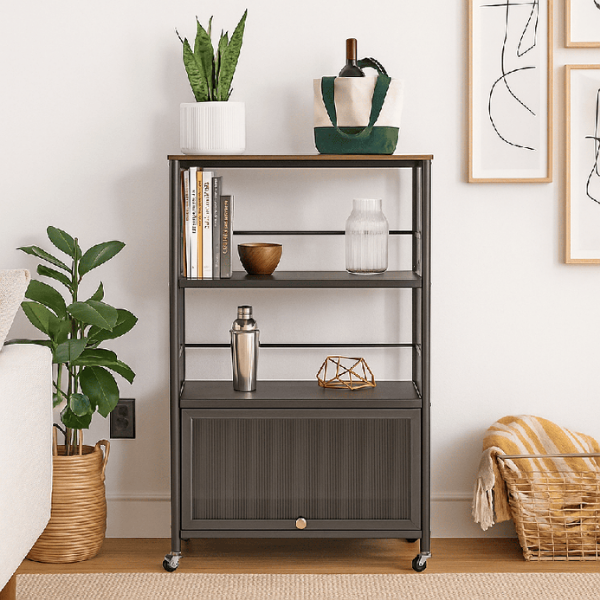 Raft depozitare multifunctional cu roti, 5 niveluri, cadru otel carbon, 80 x 125 x 30 cm - Negru