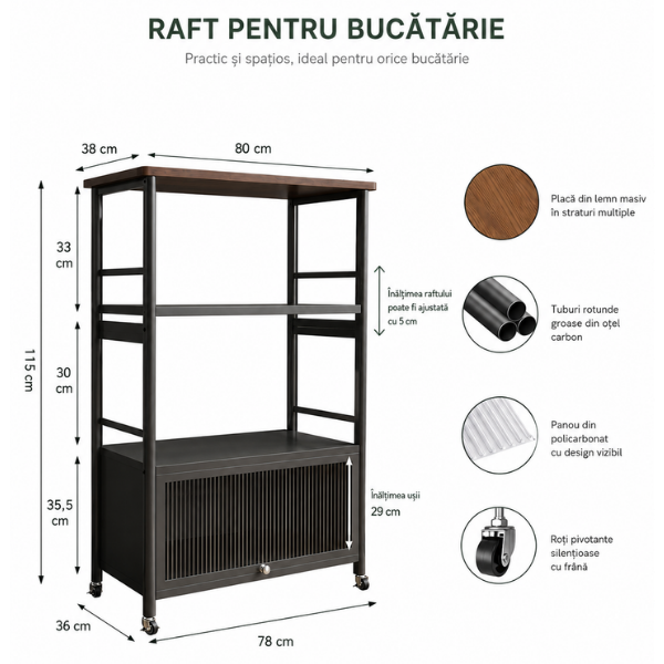 Raft depozitare multifunctional cu roti, 5 niveluri, cadru otel carbon, 80 x 125 x 30 cm - Negru