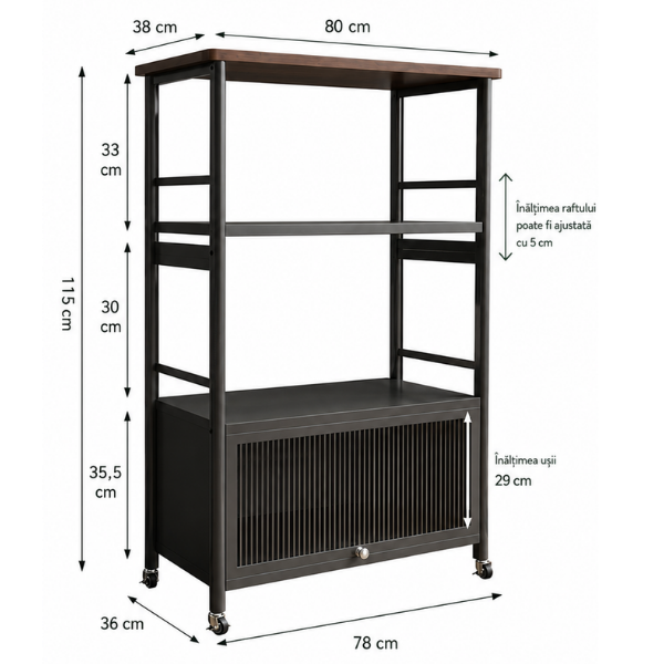 Raft depozitare multifunctional cu roti, 5 niveluri, cadru otel carbon, 80 x 125 x 30 cm - Negru