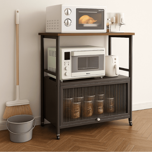 Raft depozitare multifunctional cu roti, 5 niveluri, cadru otel carbon, 80 x 125 x 30 cm - Negru