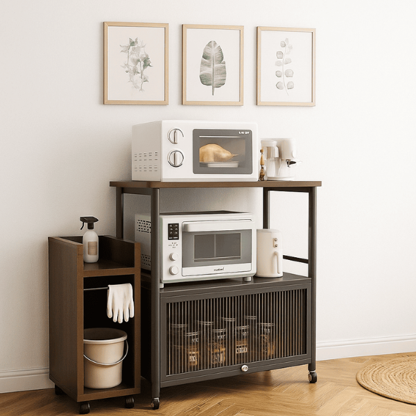 Raft depozitare multifunctional cu roti, 5 niveluri, cadru otel carbon, 80 x 125 x 30 cm - Negru