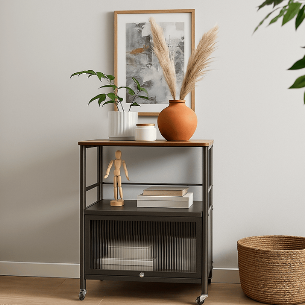 Raft depozitare multifunctional cu roti, 5 niveluri, cadru otel carbon, 80 x 125 x 30 cm - Negru