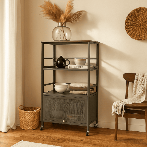 Raft depozitare multifunctional cu roti, 5 niveluri, cadru otel carbon, 80 x 125 x 30 cm - Negru
