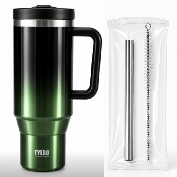 Cana termos inox cu maner, izolare dubla, Capac cu pai - 1.2 L