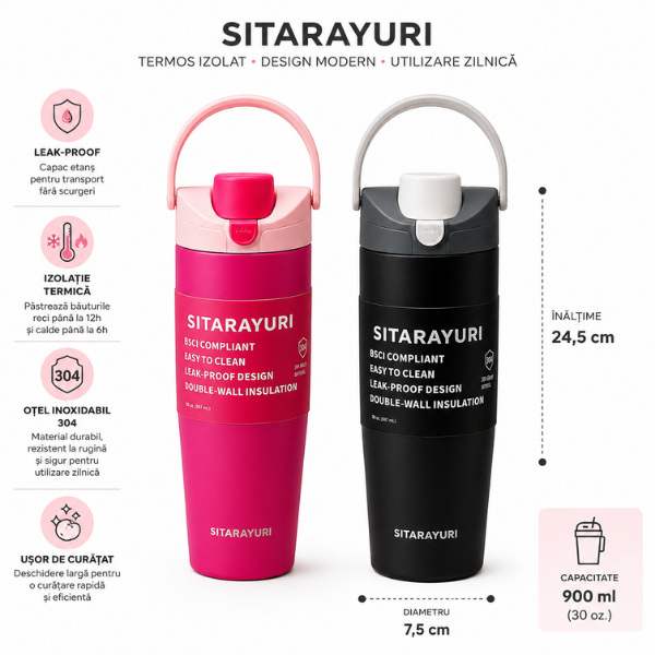 Sticla termos sport SITARAYURI, cu capac flip-top - 900 ml