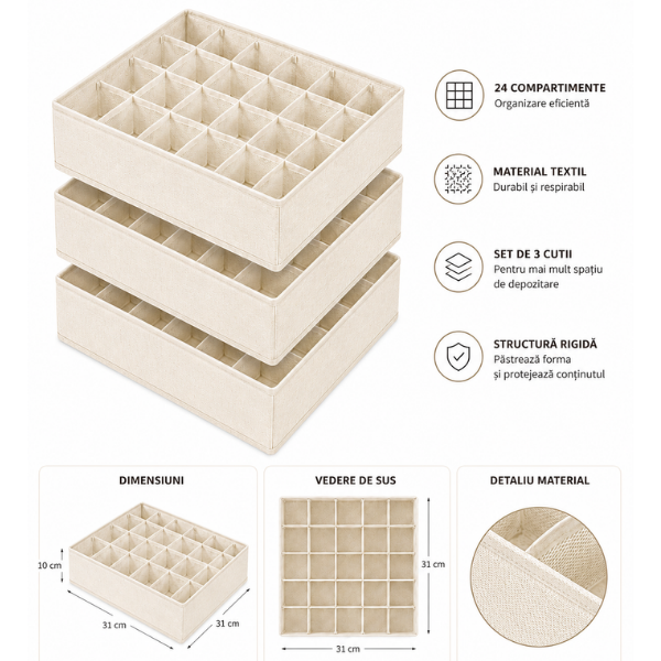 Set 3 Organizatoare sertar textil premium, cu 24 compartimente, 31 x 31 x 10 cm