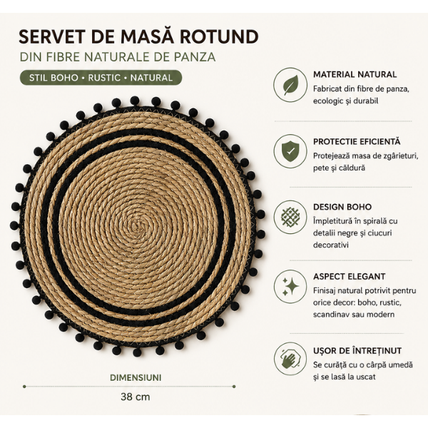 Set 4 Servete de Masa Boho Rotunde, Fiber Naturale cu Detalii Negre si Ciucuri - 38 cm