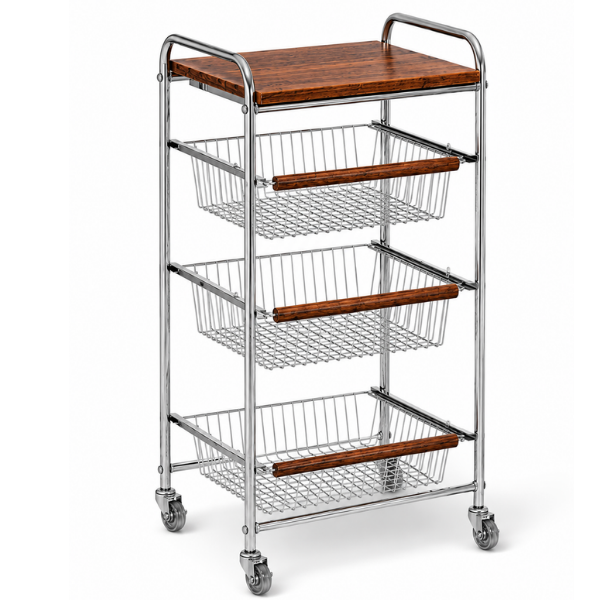 Raft Depozitare 3 Etaje cu Roti, Metal & Lemn, 39.5x28x70 cm - Premium
