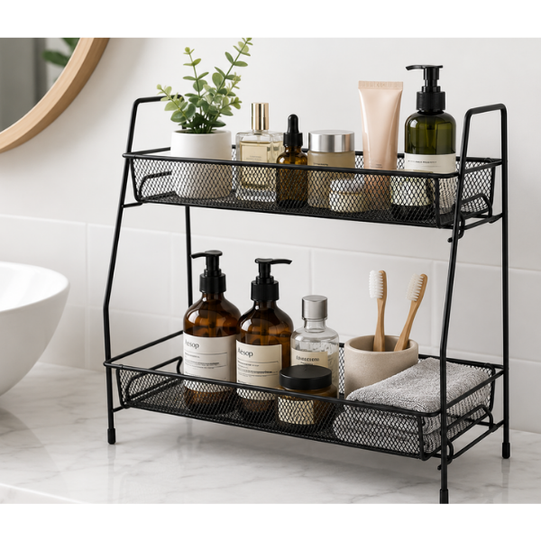 Raft organizator bucatarie, 2 niveluri stil loft, metal, 31 x 32.5 x 17 cm, Metal, Negru
