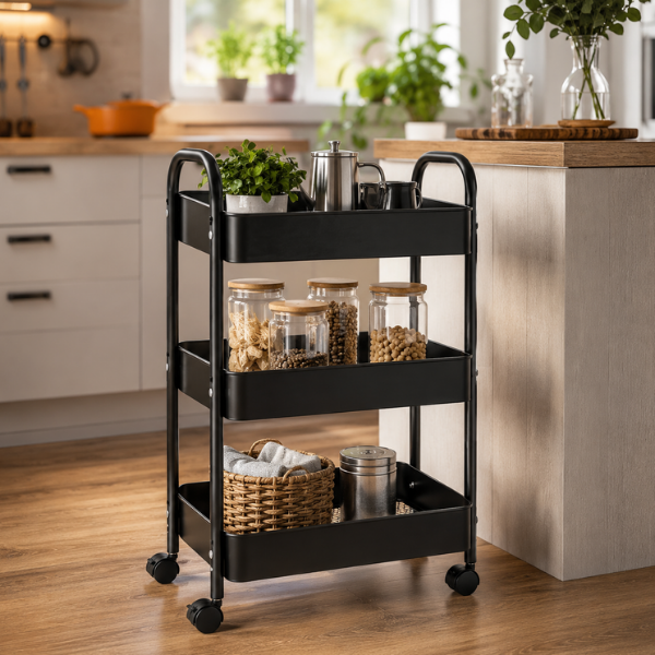 Raft mobil metalic 3 niveluri cu roti, organizator depozitare multifunctional, 38.5 x 26.5 x 67 - Negru