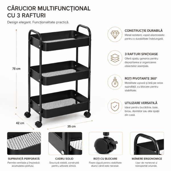 Raft mobil metalic 3 niveluri cu roti, organizator depozitare multifunctional, 38.5 x 26.5 x 67 - Negru