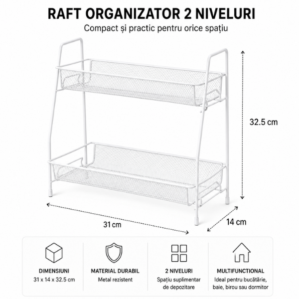 Raft organizator bucatarie, 2 niveluri stil loft, metal, 31 x 32.5 x 17 cm, Metal