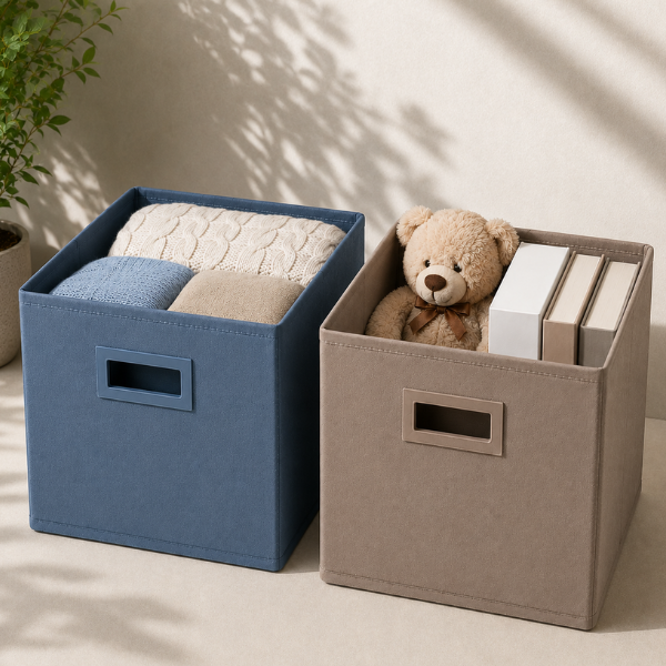 Set 2 Cutii de depozitare Textila, Pliabila, Structura Rigida, Albastru Gri și Taupe - 31x31x31 cm - Premium