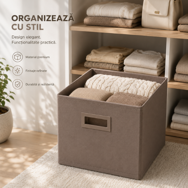 Set 2 Cutii de depozitare Textila, Pliabila, Structura Rigida, Albastru Gri și Taupe - 31x31x31 cm - Premium