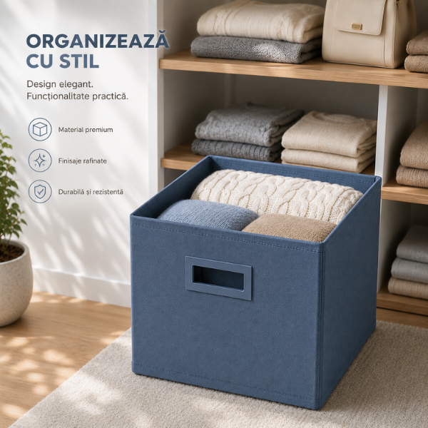 Set 2 Cutii de depozitare Textila, Pliabila, Structura Rigida, Albastru Gri și Taupe - 31x31x31 cm - Premium
