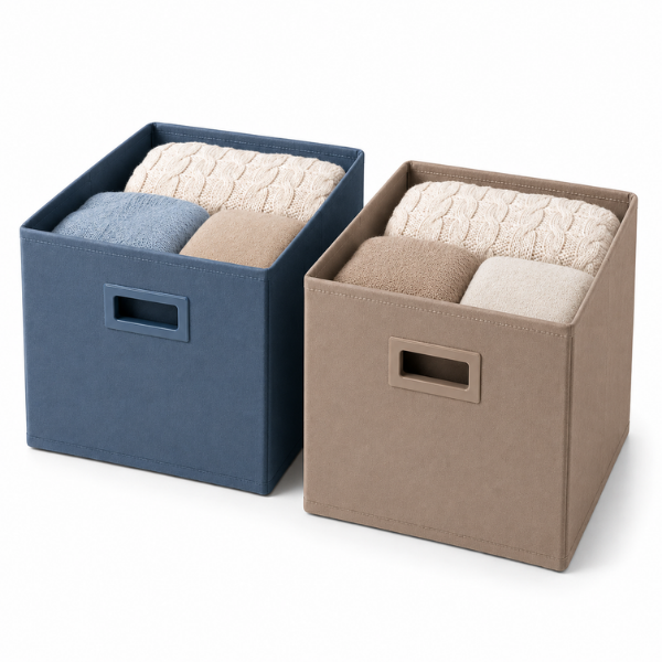 Set 2 Cutii de depozitare Textila, Pliabila, Structura Rigida, Albastru Gri și Taupe - 31x31x31 cm - Premium