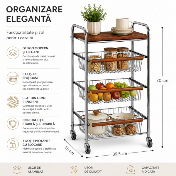 Raft Depozitare 3 Etaje cu Roti, Metal & Lemn, 39.5x28x70 cm - Premium