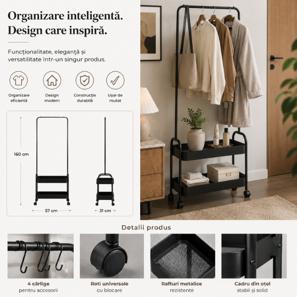 Suport haine metalic cu roti, organizator haine cu 2 cosuri, 160x57x31 cm, Negru - Premium