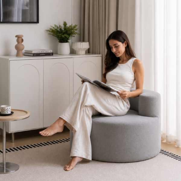 Fotoliu tip canapea U, fotoliu modern rotund din material sherpa, 100 x 100 x 66 cm - caramel
