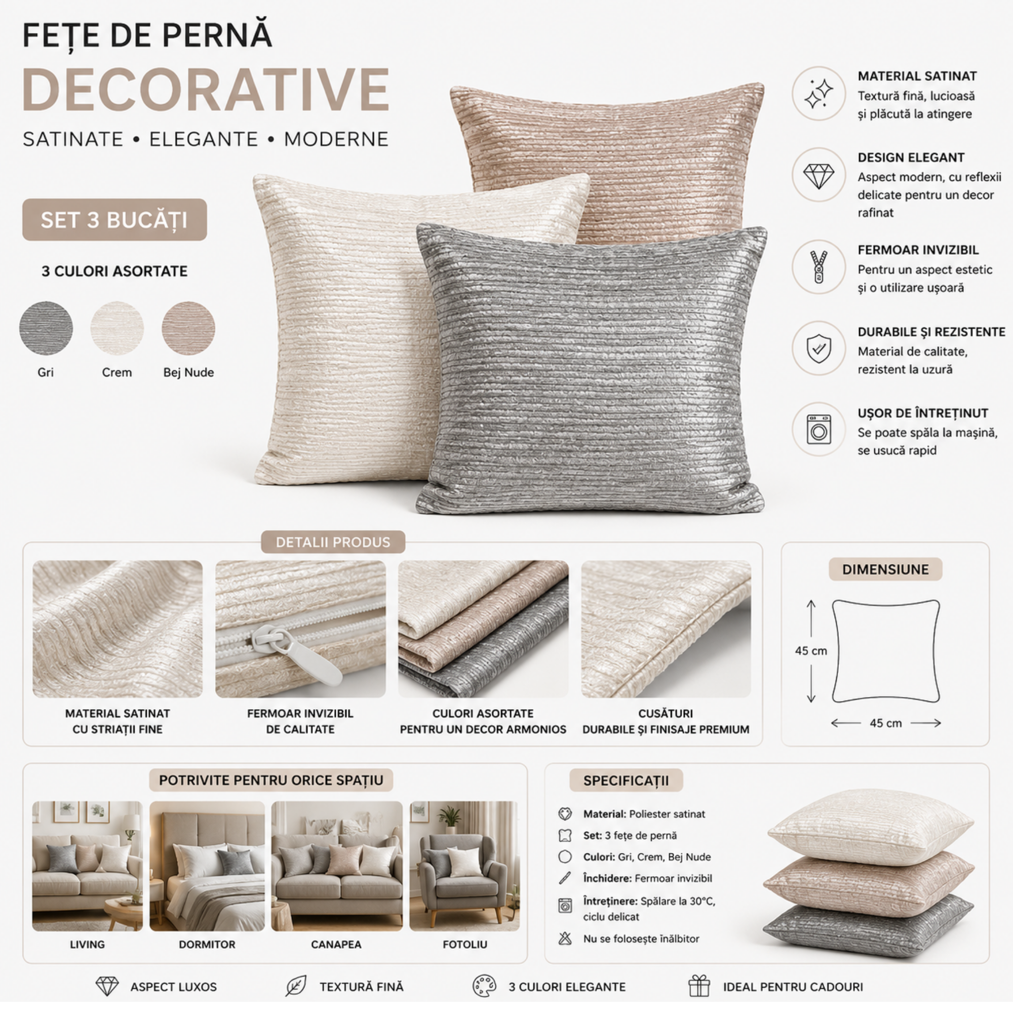 Set 3 Fete de Perna 45 x 45 cm, Material Satinat, Culori Gri, Crem și Bej Nude