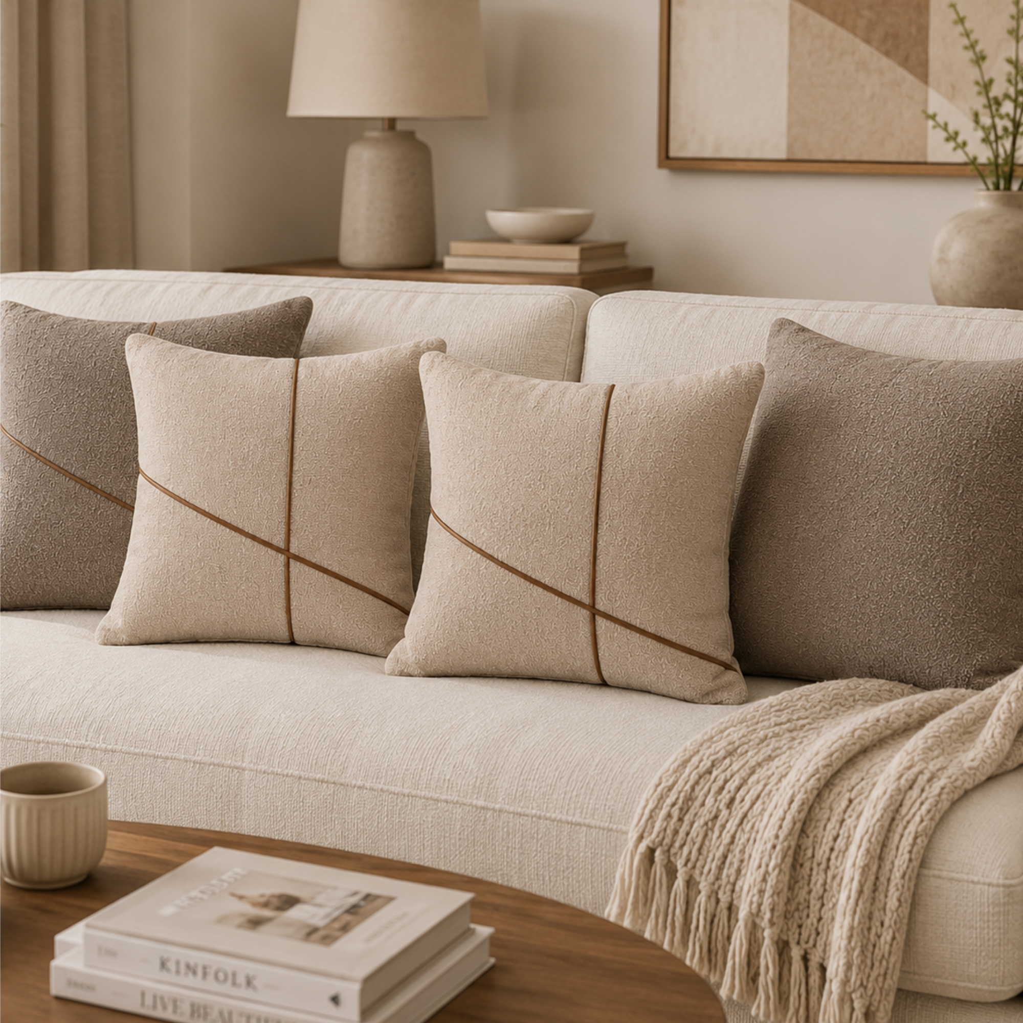 Fata de Perna 45 × 45 cm, Textură Boucle, Design Modern cu Linii Decorative, Fermoar Ascuns