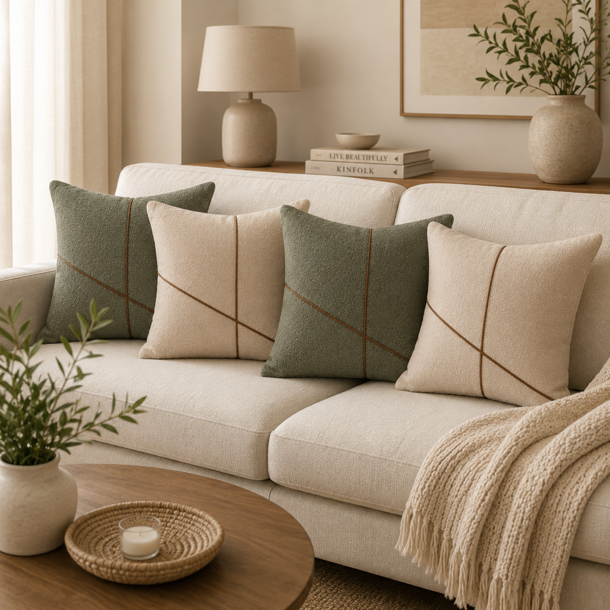 Fata de Perna 45 × 45 cm, Textură Boucle, Design Modern cu Linii Decorative, Fermoar Ascuns