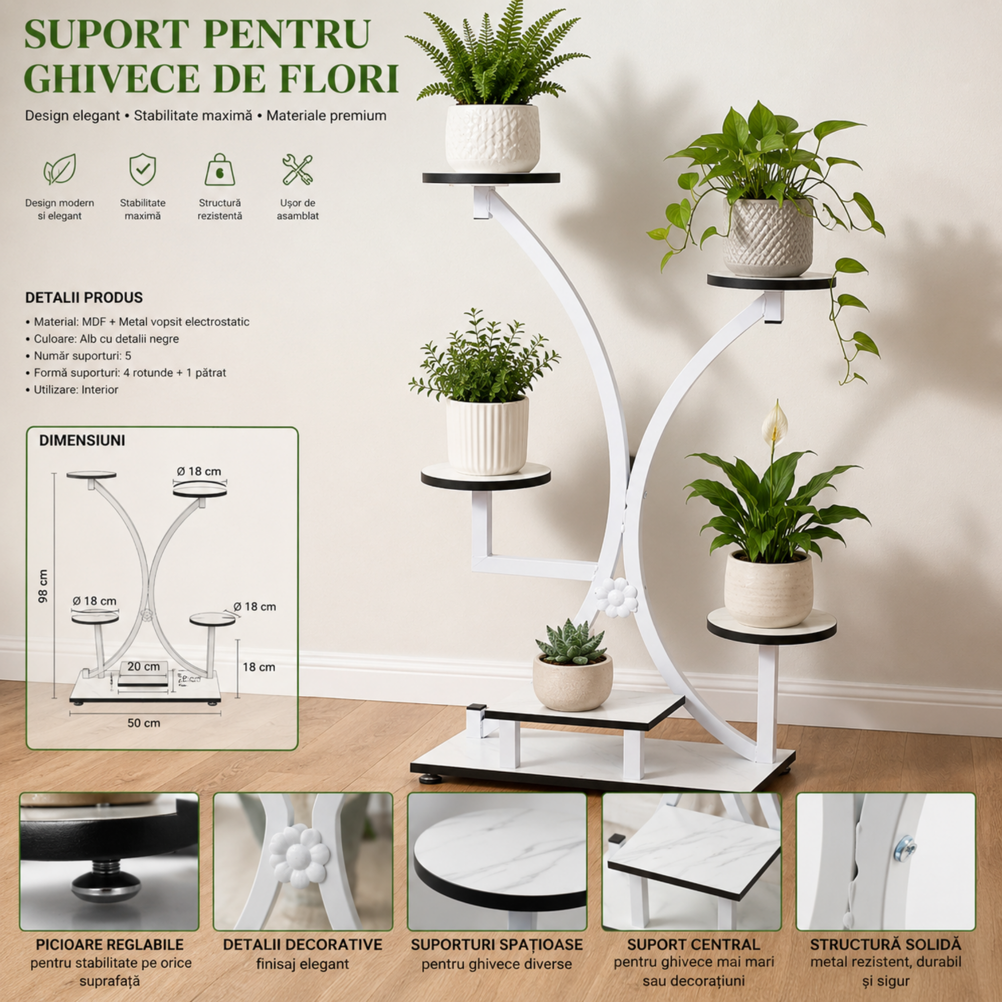 Suport pentru Ghivece Flori cu 5 Etajere, Design Modern, Alb Marmorat, pentru Interior si Balcon