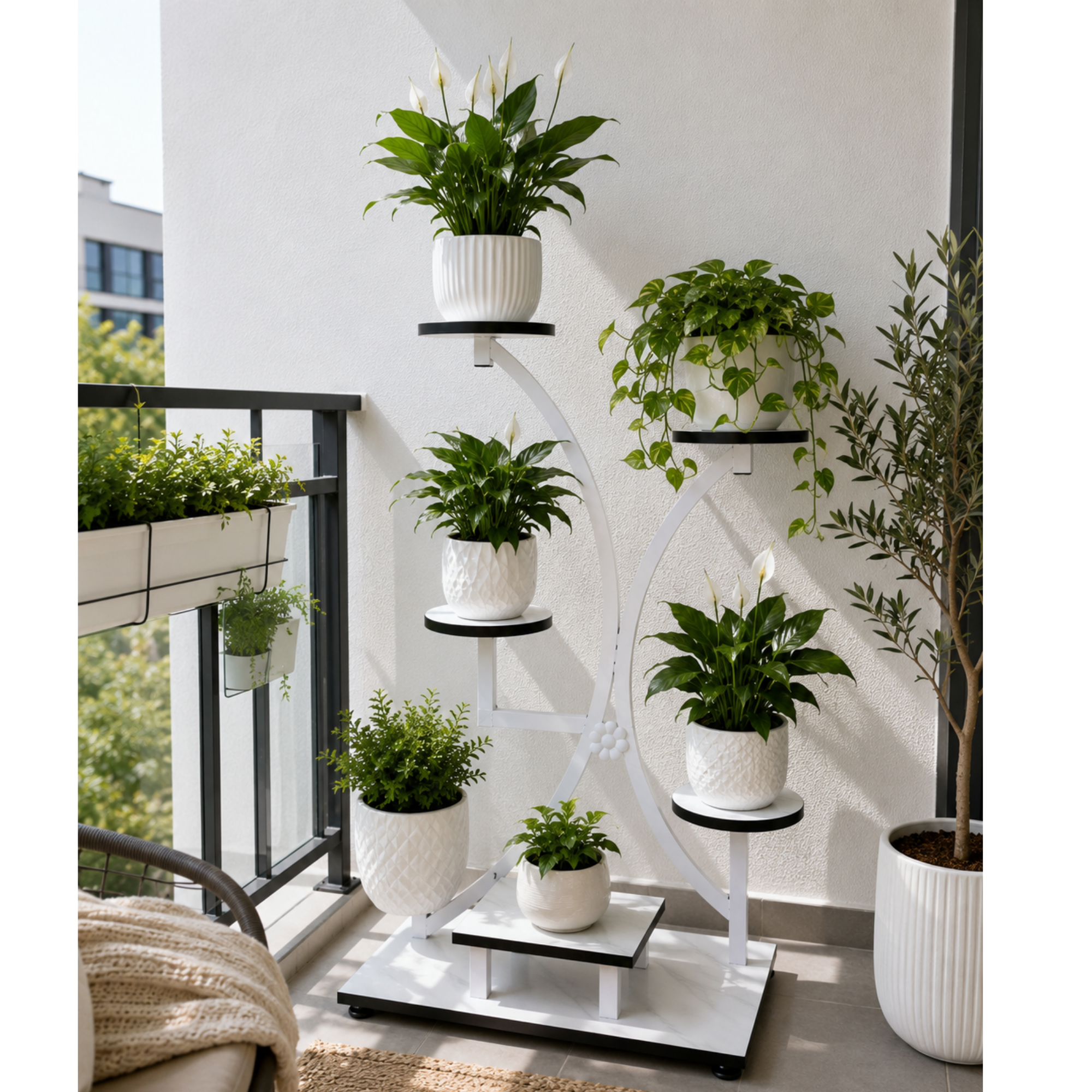 Suport pentru Ghivece Flori cu 5 Etajere, Design Modern, Alb Marmorat, pentru Interior si Balcon
