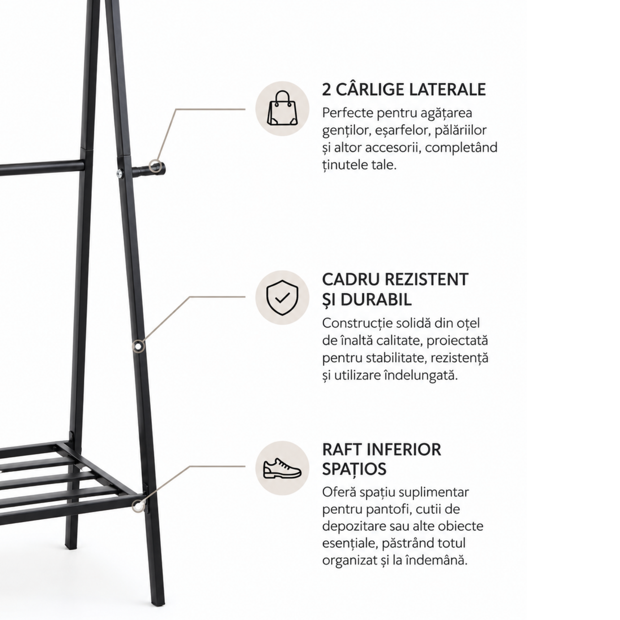 Suport pentru Haine Tip A, cu Raft pentru Pantofi, 2 Carlige Laterale,  170 x 105 x 46.5 cm - Negru