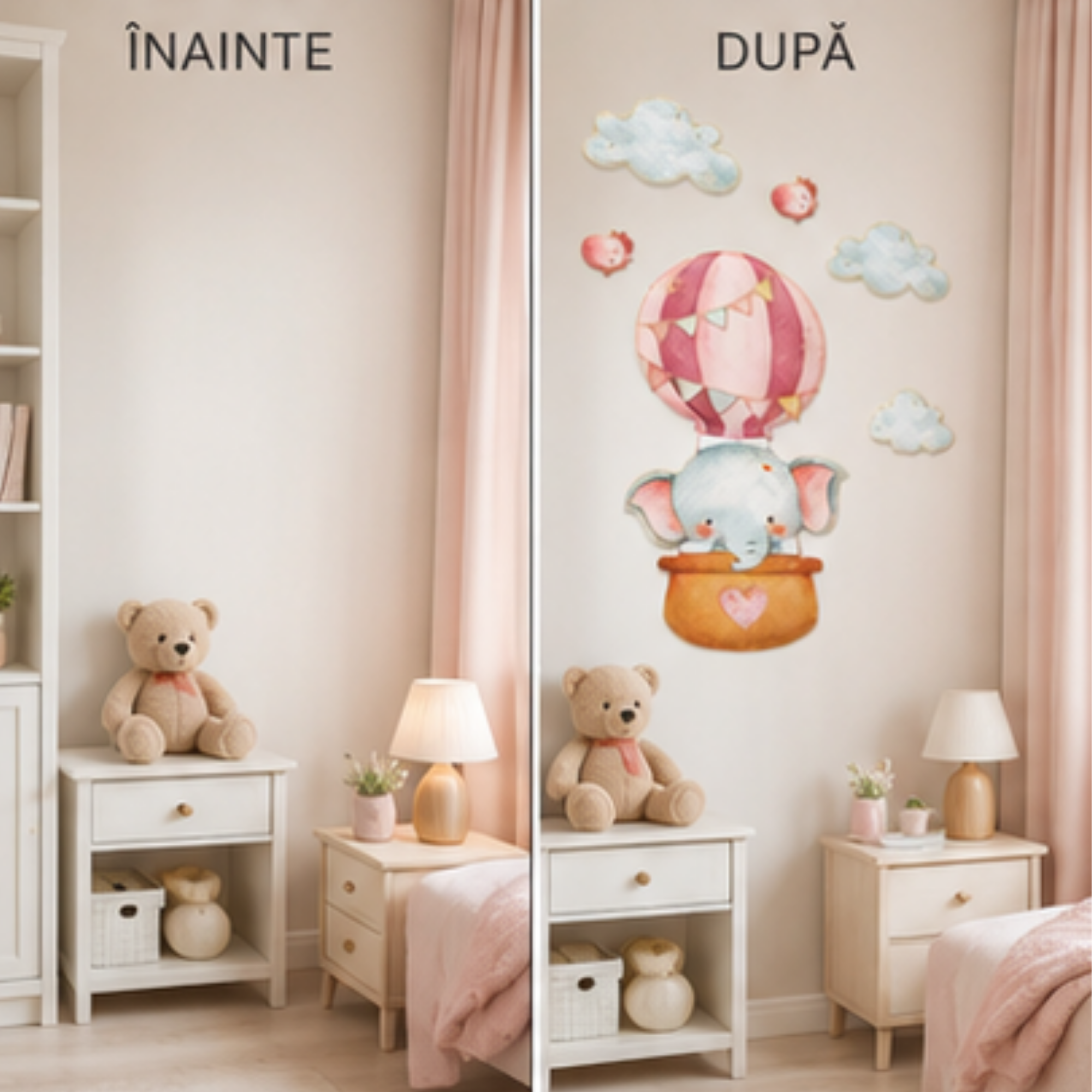 Autocolant Decorativ 3D Premium pentru Perete cu Efect de Relief – Elefant Roz in Balon cu Aer Cald, 33 × 48 cm