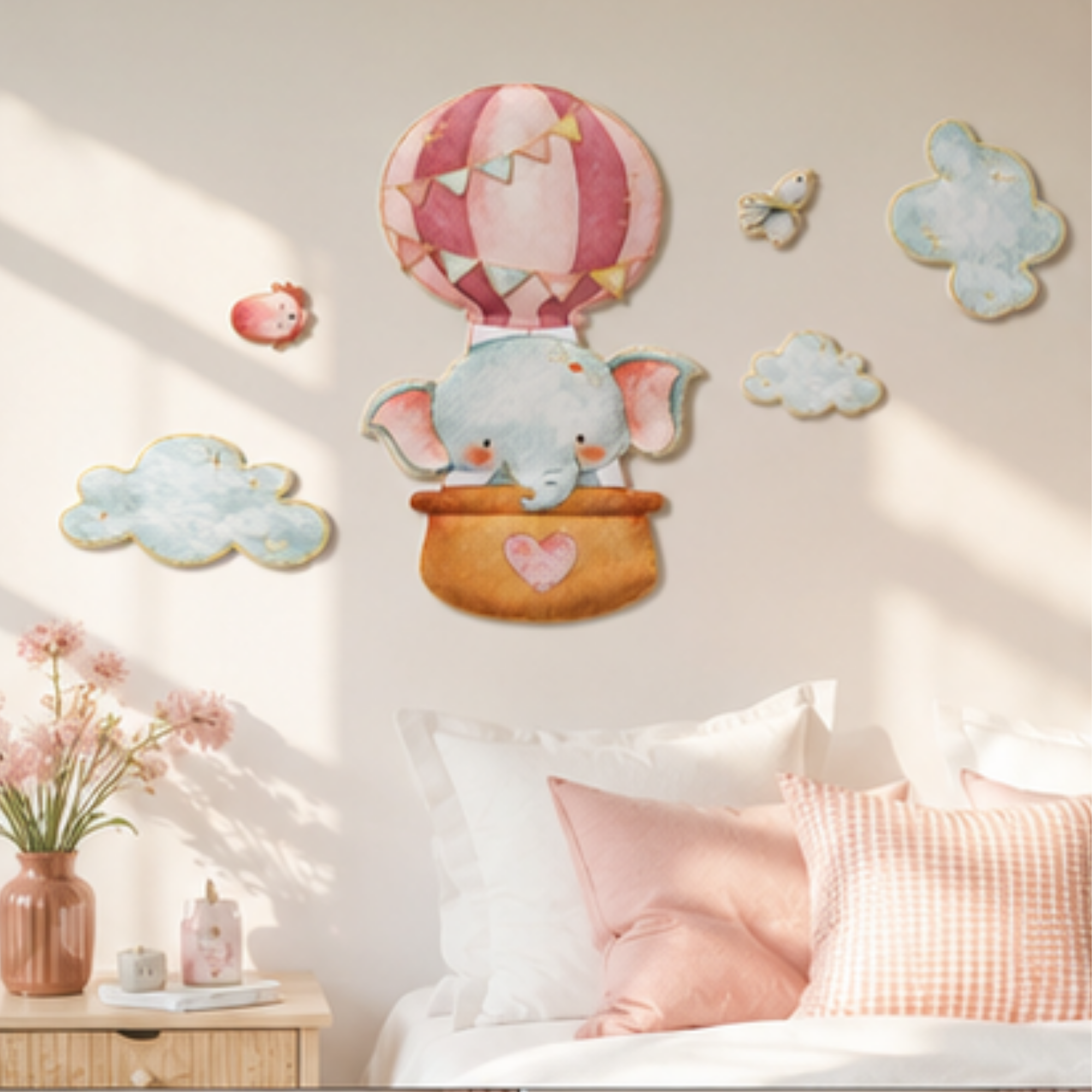 Autocolant Decorativ 3D Premium pentru Perete cu Efect de Relief – Elefant Roz in Balon cu Aer Cald, 33 × 48 cm