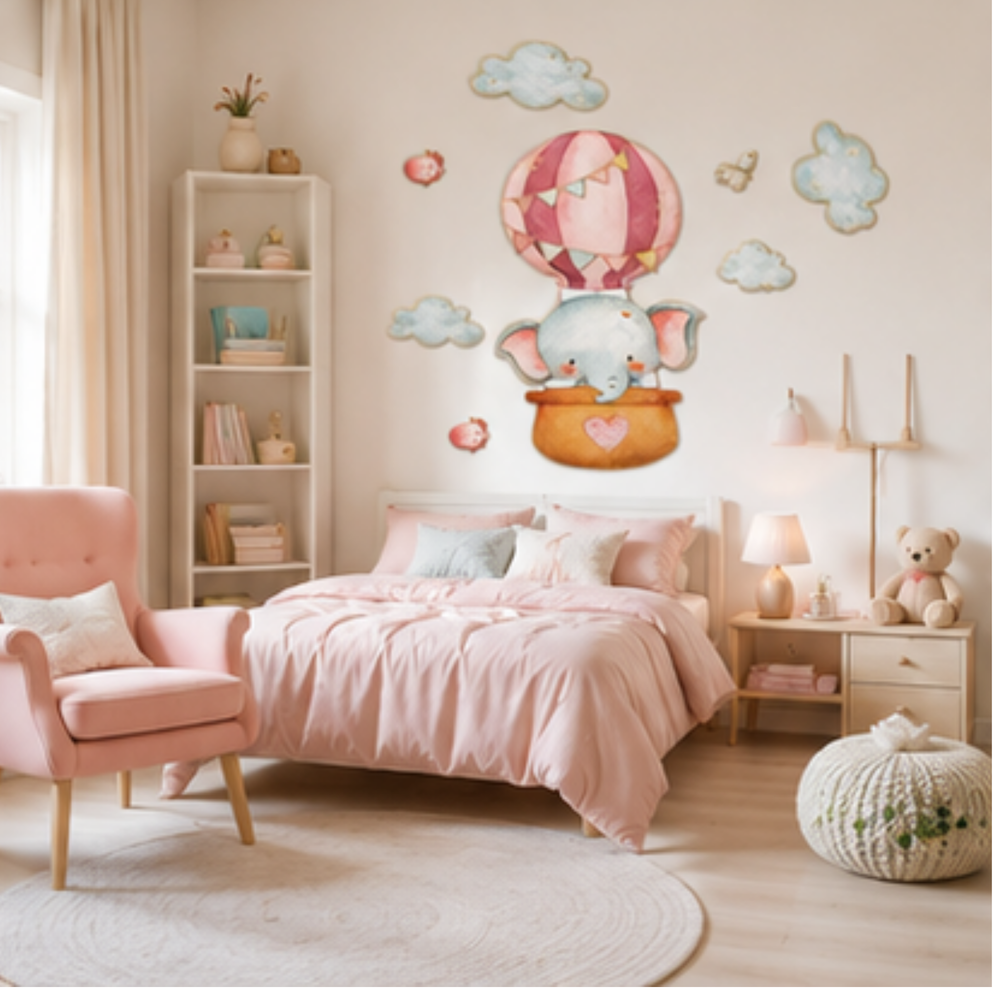 Autocolant Decorativ 3D Premium pentru Perete cu Efect de Relief – Elefant Roz in Balon cu Aer Cald, 33 × 48 cm