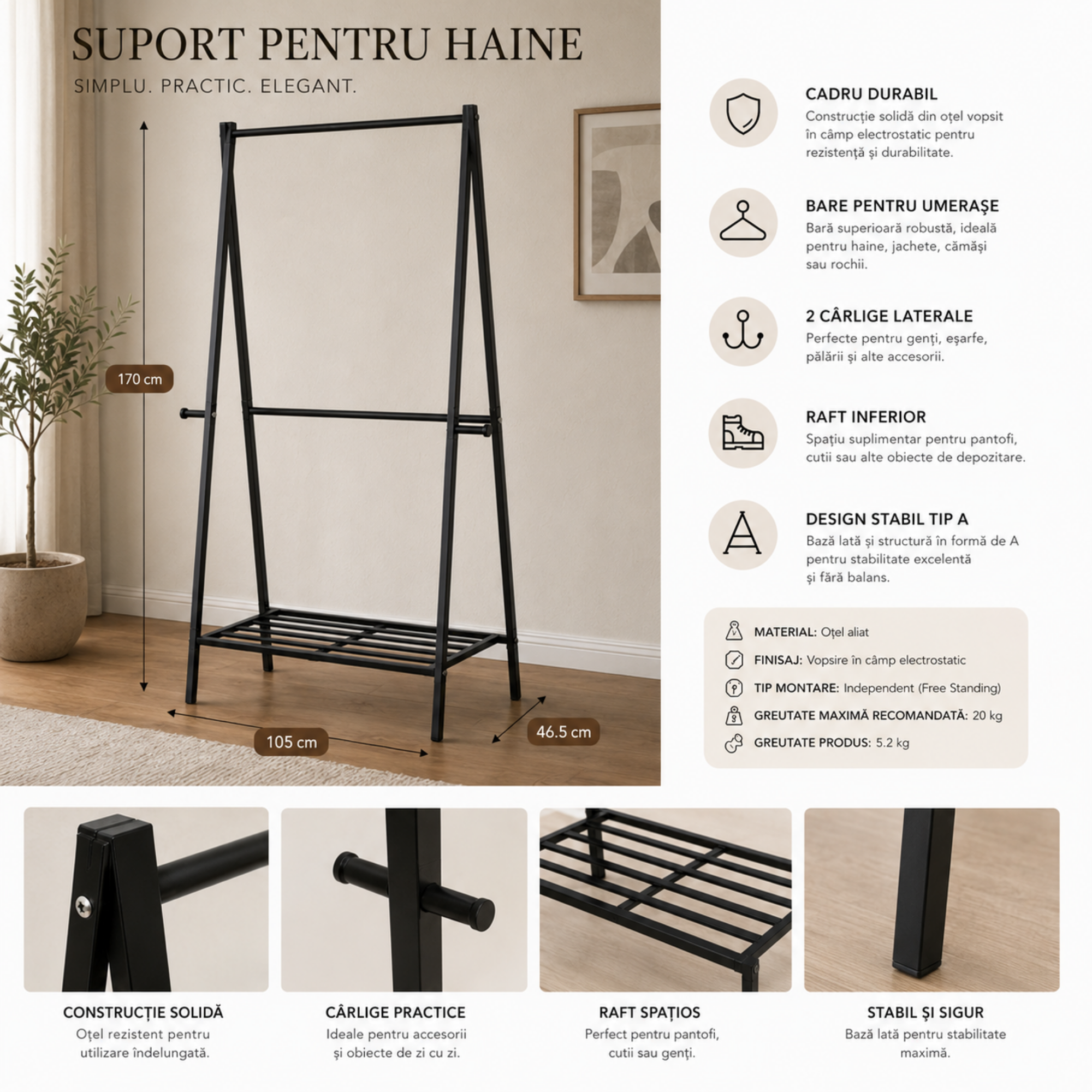 Suport pentru Haine Tip A, cu Raft pentru Pantofi, 2 Carlige Laterale,  170 x 105 x 46.5 cm - Negru