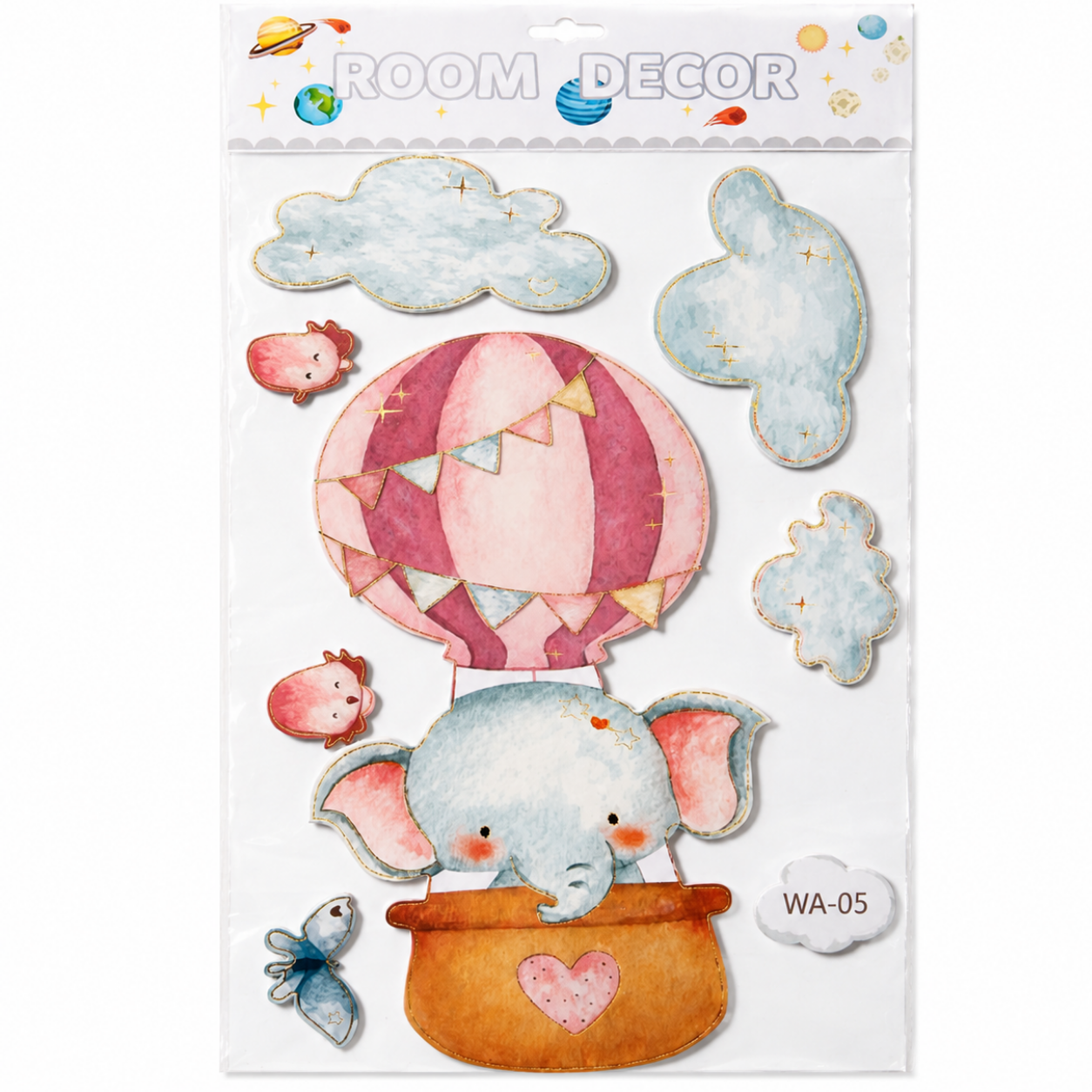 Autocolant Decorativ 3D Premium pentru Perete cu Efect de Relief – Elefant Roz in Balon cu Aer Cald, 33 × 48 cm