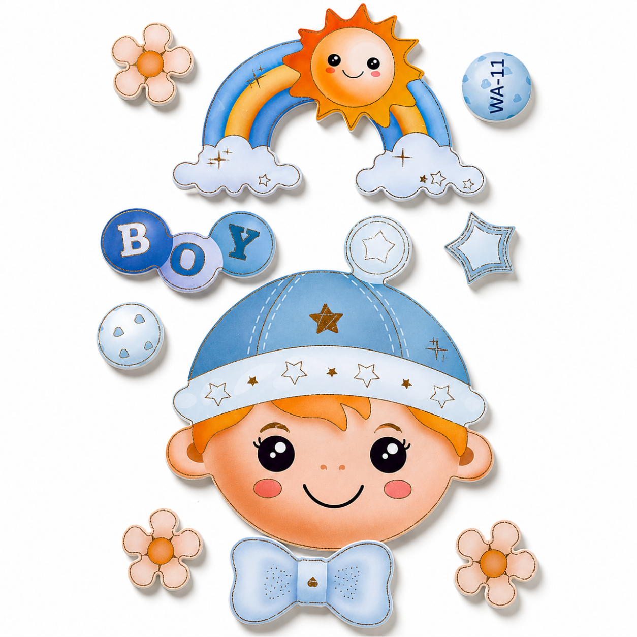 Autocolant 3D Decorativ pentru Camera Copiilor – Bebe Boy cu Curcubeu si Soare, Efect Relief 33 × 60 cm