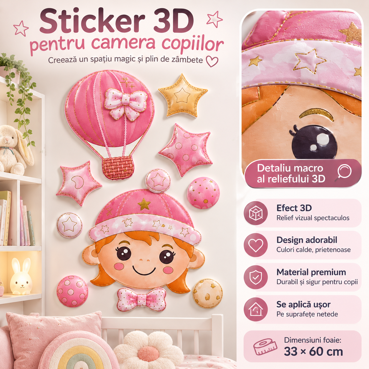 Autocolant Decorativ 3D Premium pentru Perete cu Efect de Relief – Fetita cu Balon cu Aer Cald, 33 × 48 cm