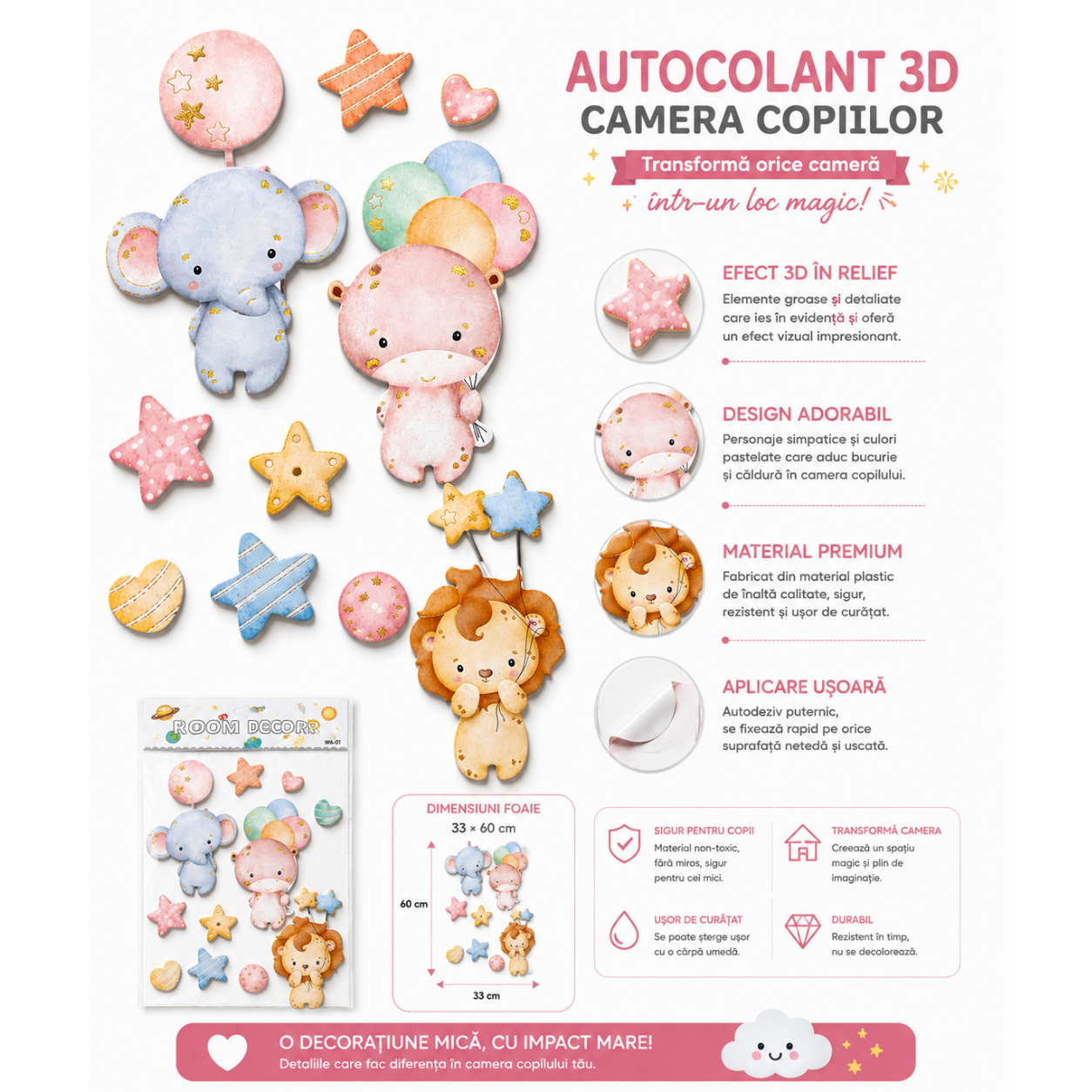Autocolant 3D Decorativ pentru Camera Copiilor – Animalute cu Baloane, Efect Relief 33 × 60 cm