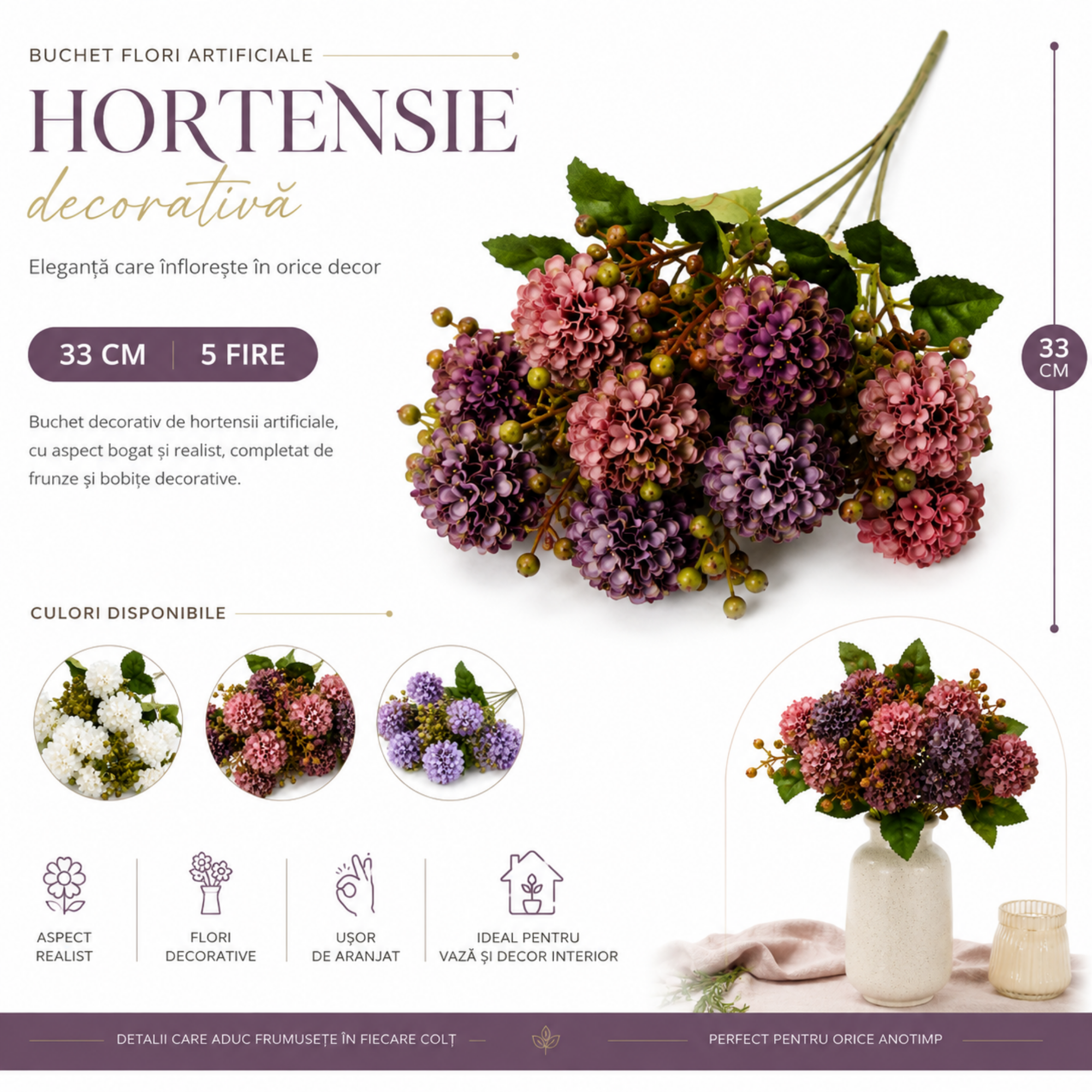 Buchet Flori Artificiale Hortensie Decorativă, 5 Fire, 33 cm – Aspect Realist