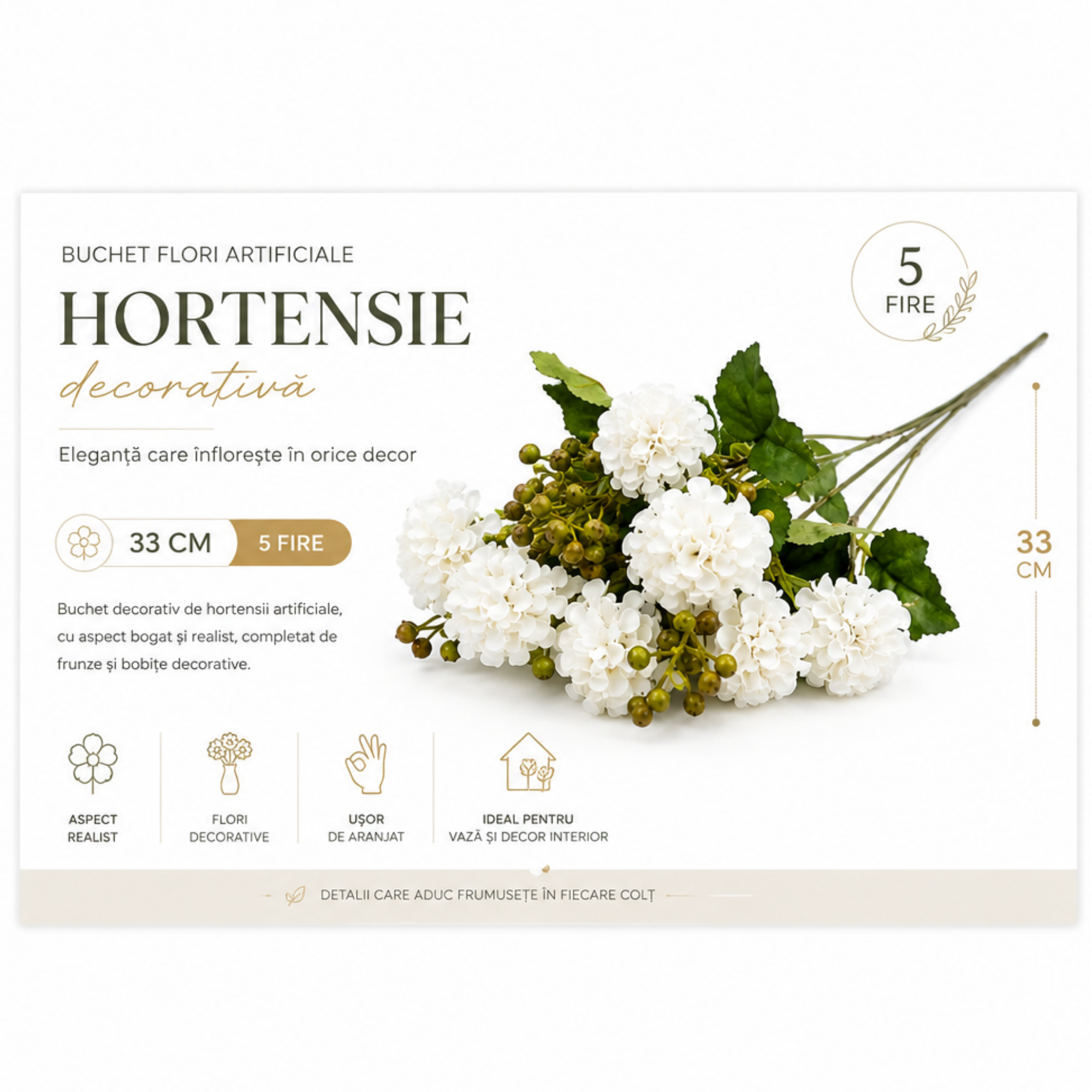 Buchet Flori Artificiale Hortensie Decorativă, 5 Fire, 33 cm – Aspect Realist